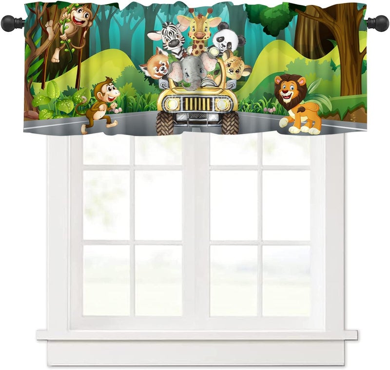 JanJCurt Kids Safari Animals Valance, Tropical Jungle Safari Adventure African Animals Lion Elephant Monkey Blackout Short Window Drape Curtain for Baby Boy Nursery Children Bedroom, 54x18inch - Image 1